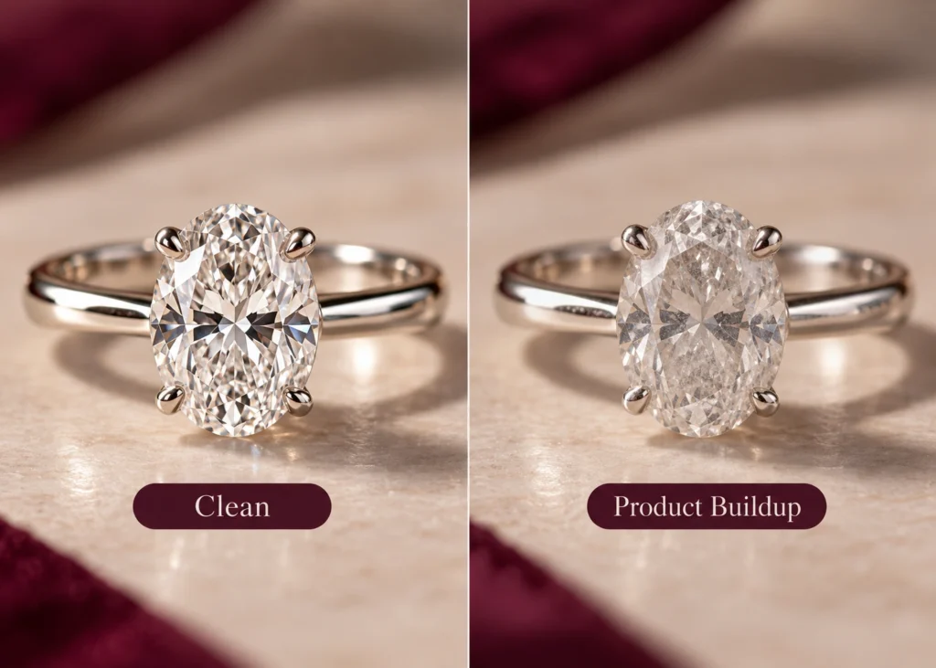 Clean diamond ring compared with ring covered in product buildup