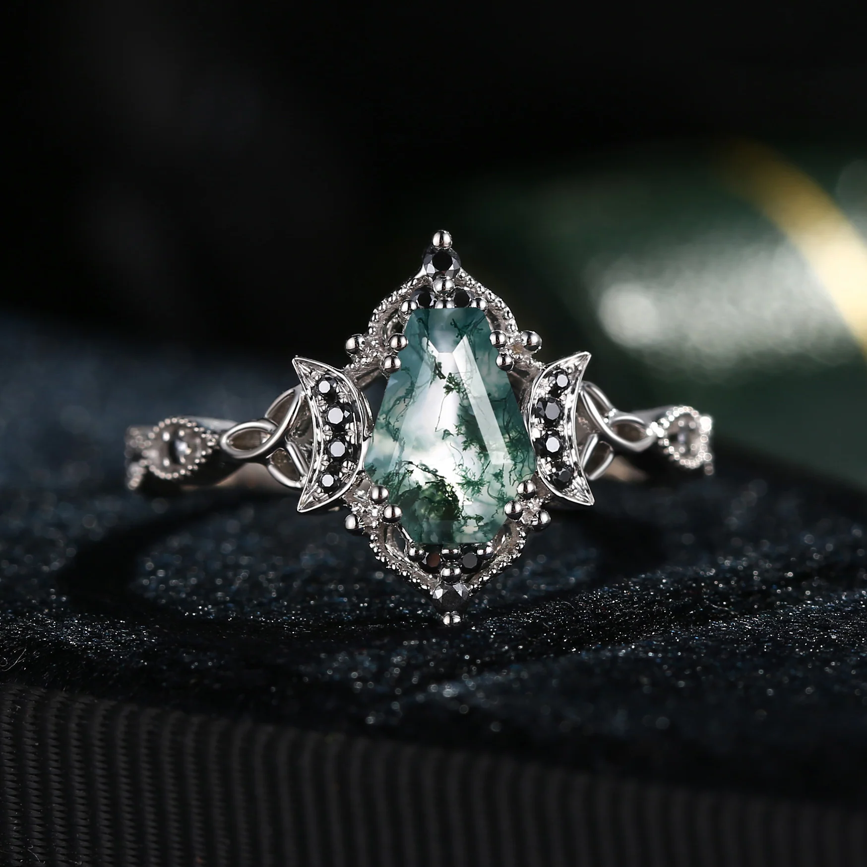 Coffin-cut moss agate Celtic infinity engagement ring with black moissanite accents