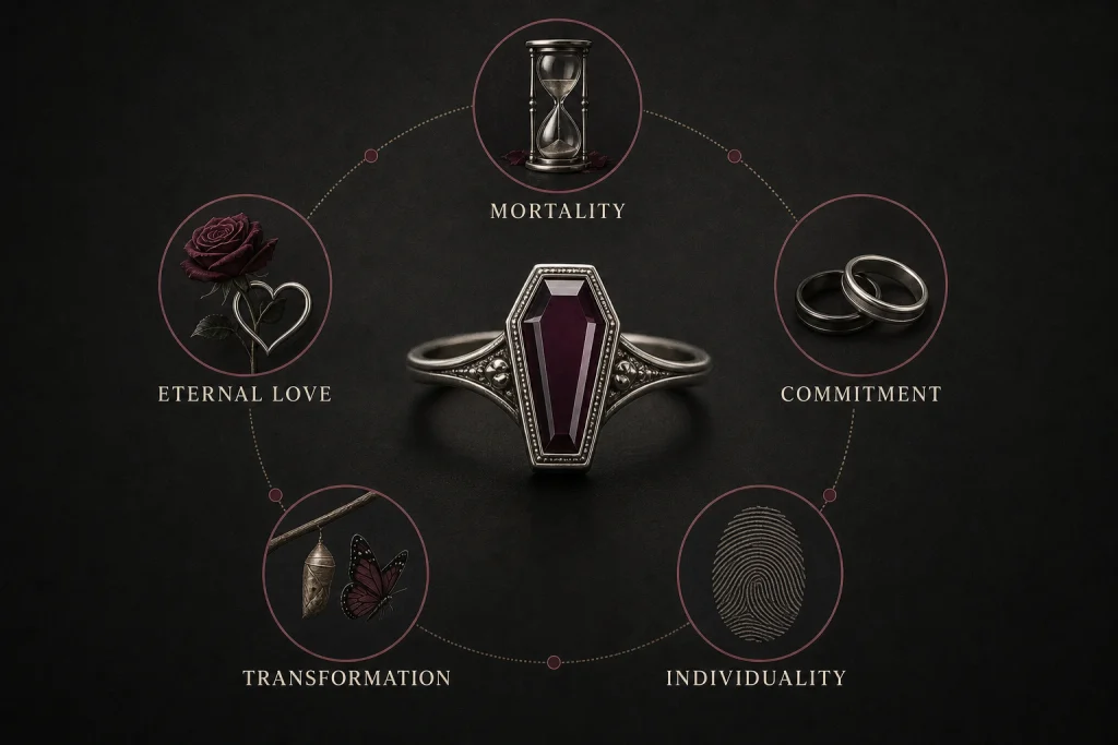 Coffin ring symbolism for mortality, eternal love, commitment, transformation, and individuality