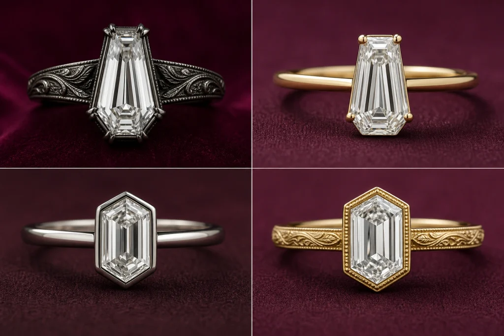 Coffin and hexagon engagement rings styled for gothic modern and vintage looks