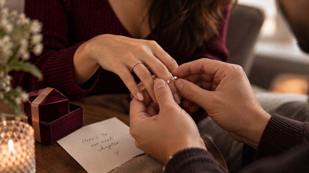 Couple exchanging two promise rings as a shared commitment