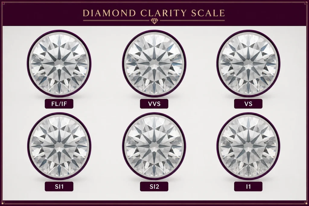 Diamond clarity comparison showing inclusions from flawless to included