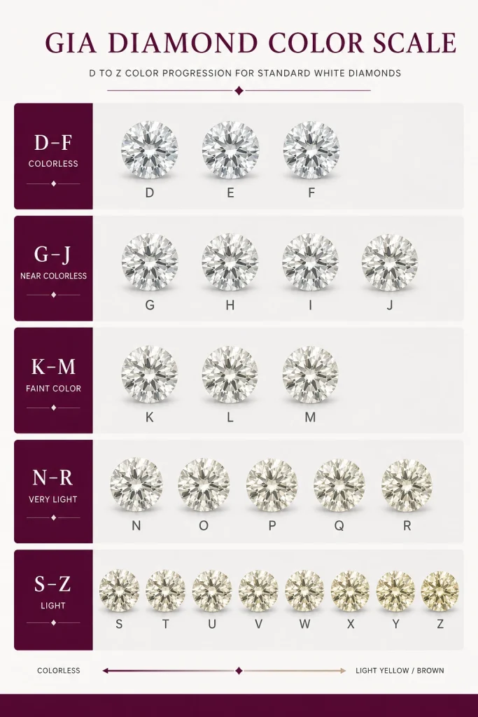 Diamond color scale from D to Z showing colorless to light grades