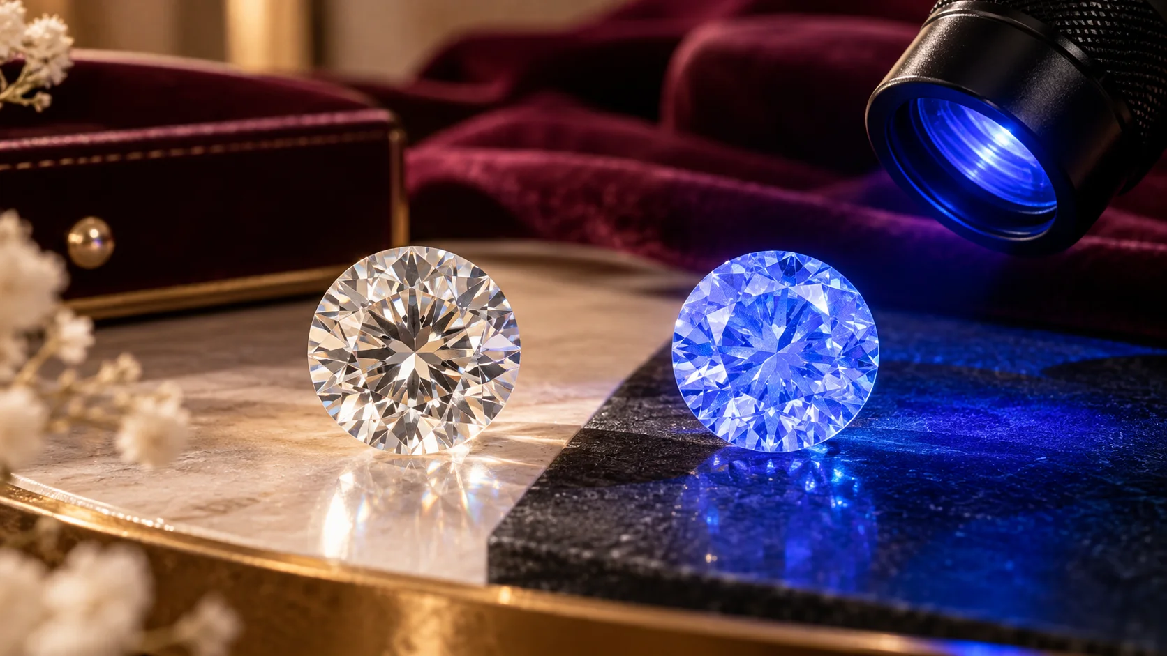 Diamond fluorescence under UV light showing a blue fluorescent diamond compared with a non-fluorescent diamond