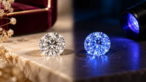 Round brilliant diamond showing fluorescence under ultraviolet light