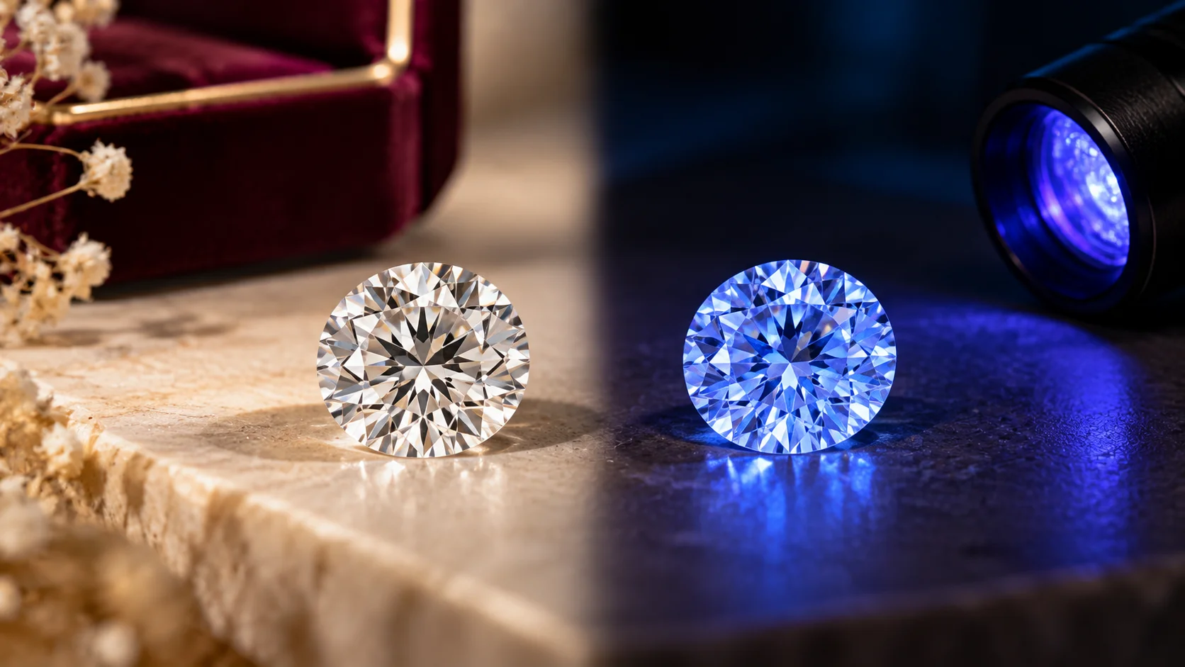 Round brilliant diamond showing fluorescence under ultraviolet light