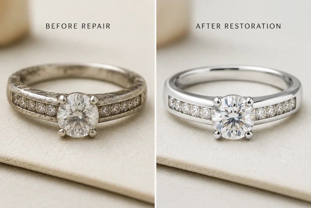 Before and after repair of a worn diamond ring prong