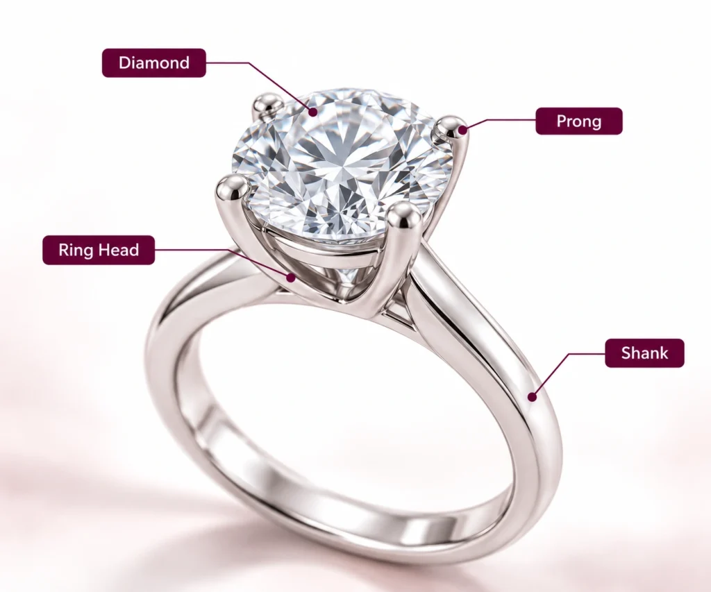 Diagram showing how prongs hold a diamond in a ring setting