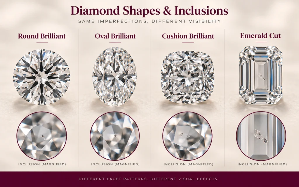 Diamond shape comparison showing how faceting affects inclusion visibility