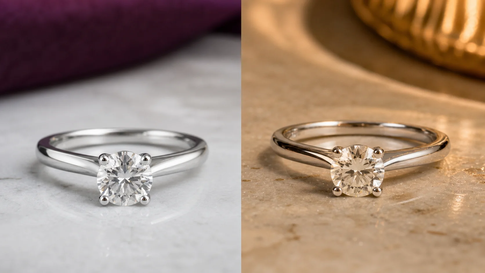 Lab-grown diamond shown under different conditions that can affect perceived color