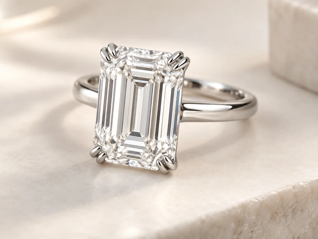 Emerald-cut engagement ring with delicate double claw prongs