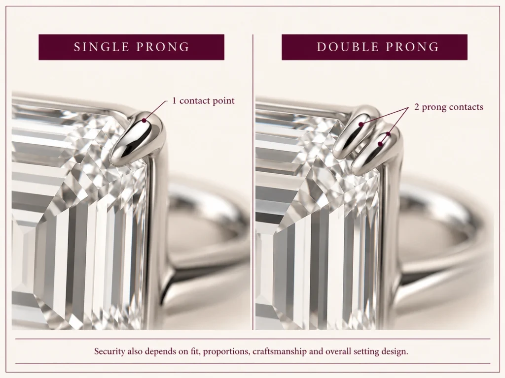 Diagram comparing single and double prong contact points on a diamond