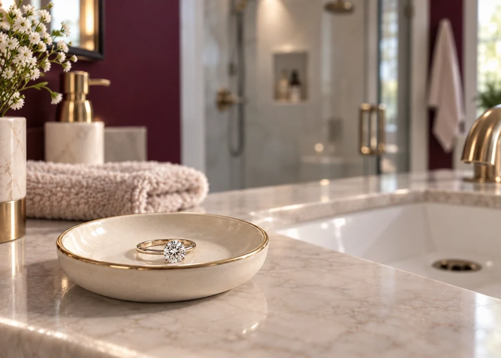 Engagement ring stored safely in a ring dish beside a bathroom vanity