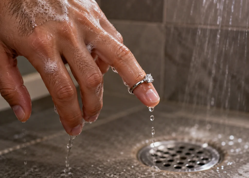 Engagement ring slipping from a wet finger near shower drain