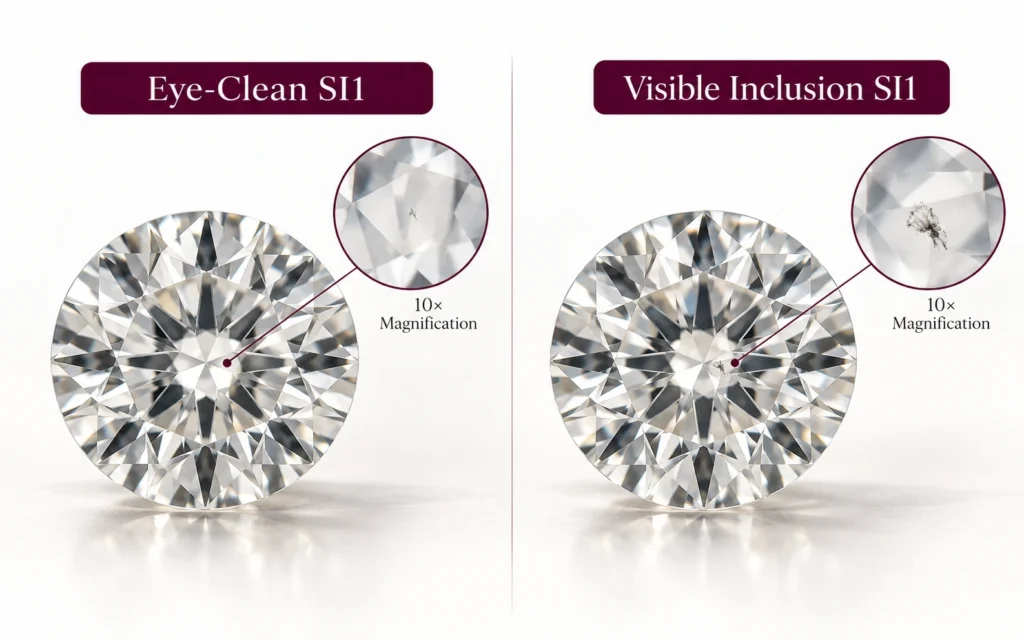 Eye-clean SI1 compared with SI1 diamond with visible inclusion