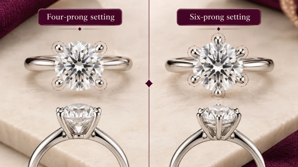 Four-prong and six-prong diamond ring setting comparison
