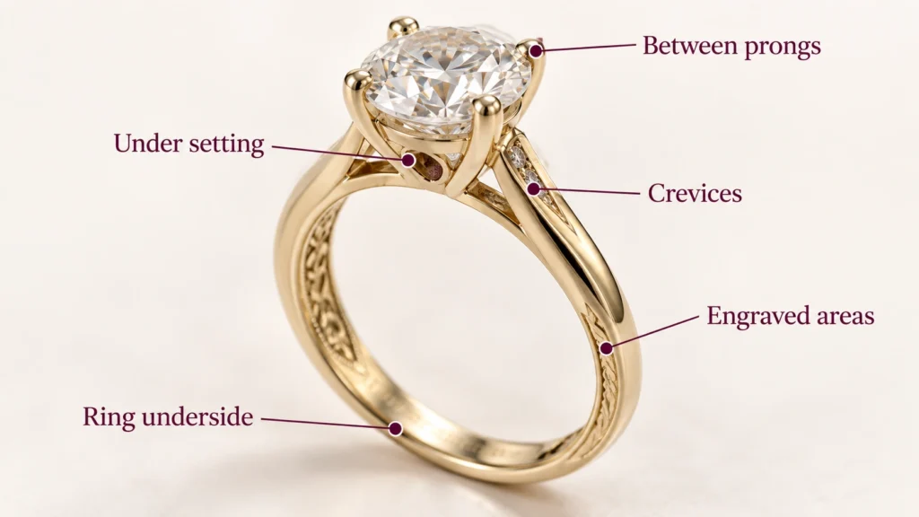 Gold ring cleaning areas including prongs, setting, underside and crevices