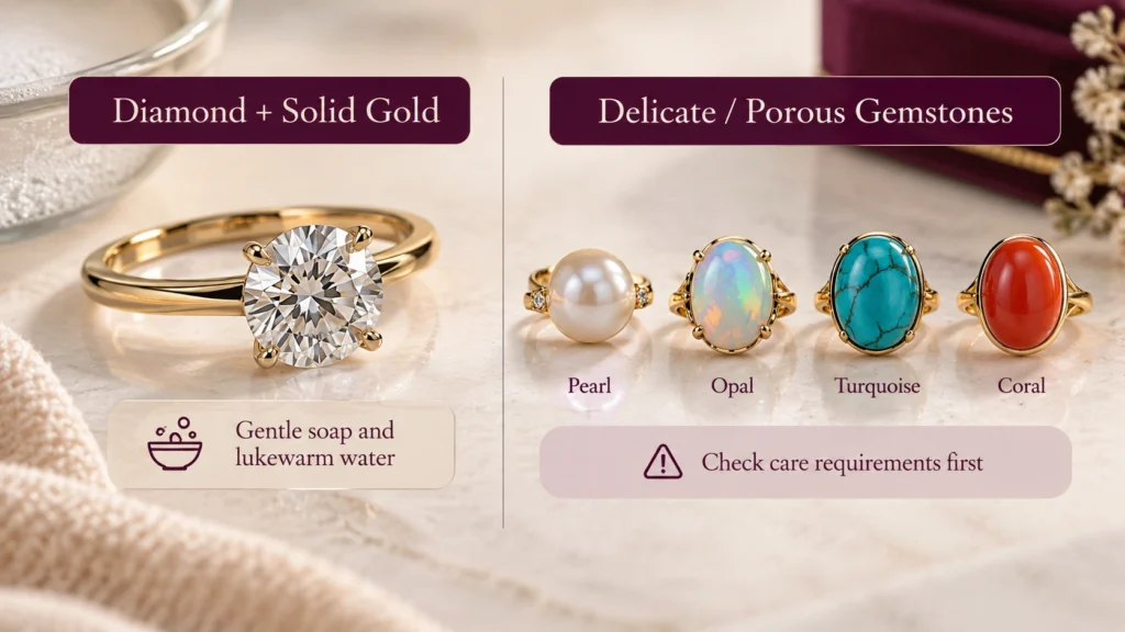 Gold ring cleaning differences for diamonds and delicate gemstones