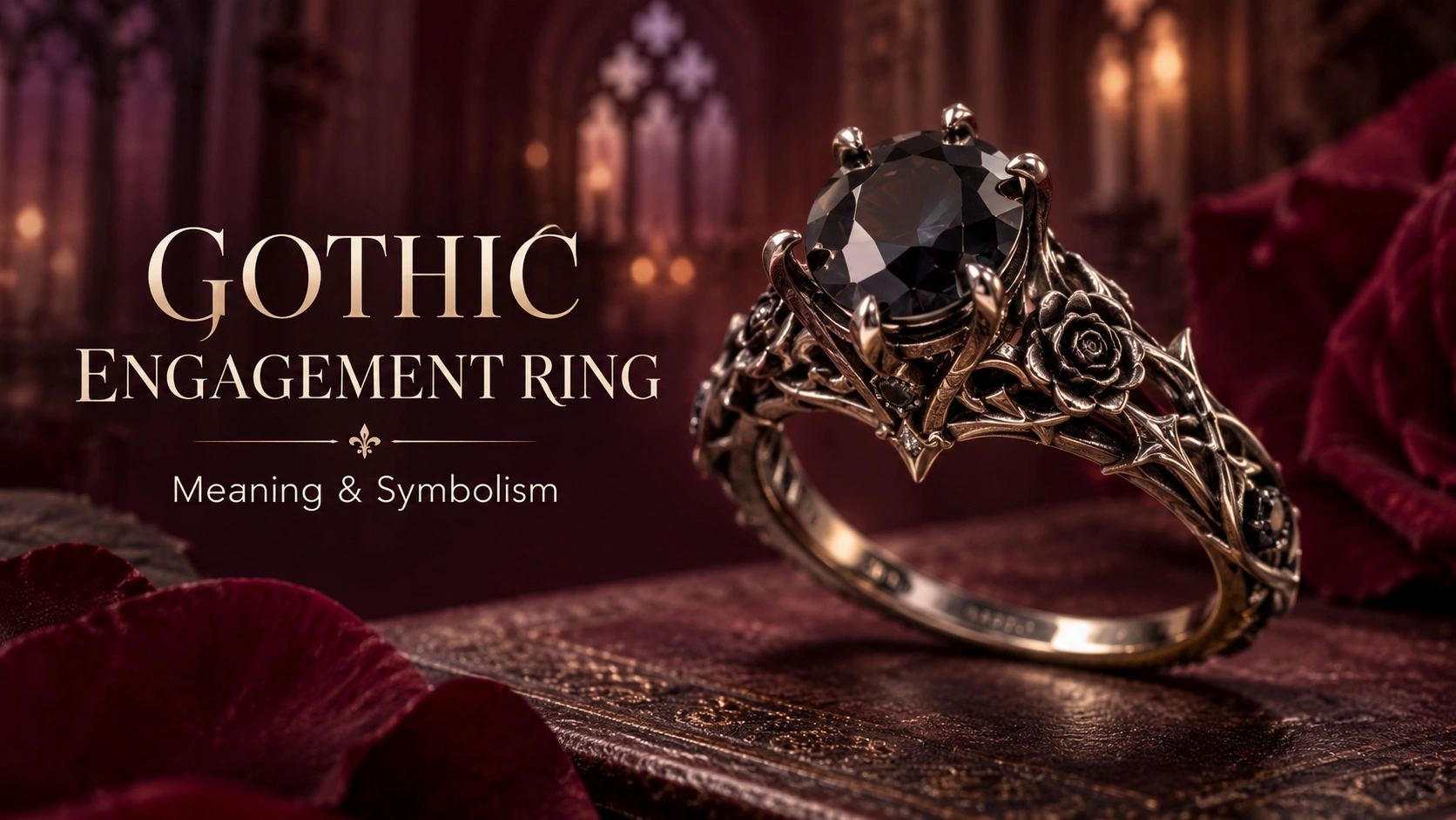 Gothic engagement ring with dark gemstone and Victorian-inspired symbolic details