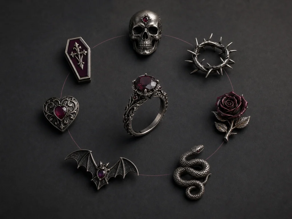 Gothic engagement ring symbols including skull coffin thorns rose serpent bat and heart