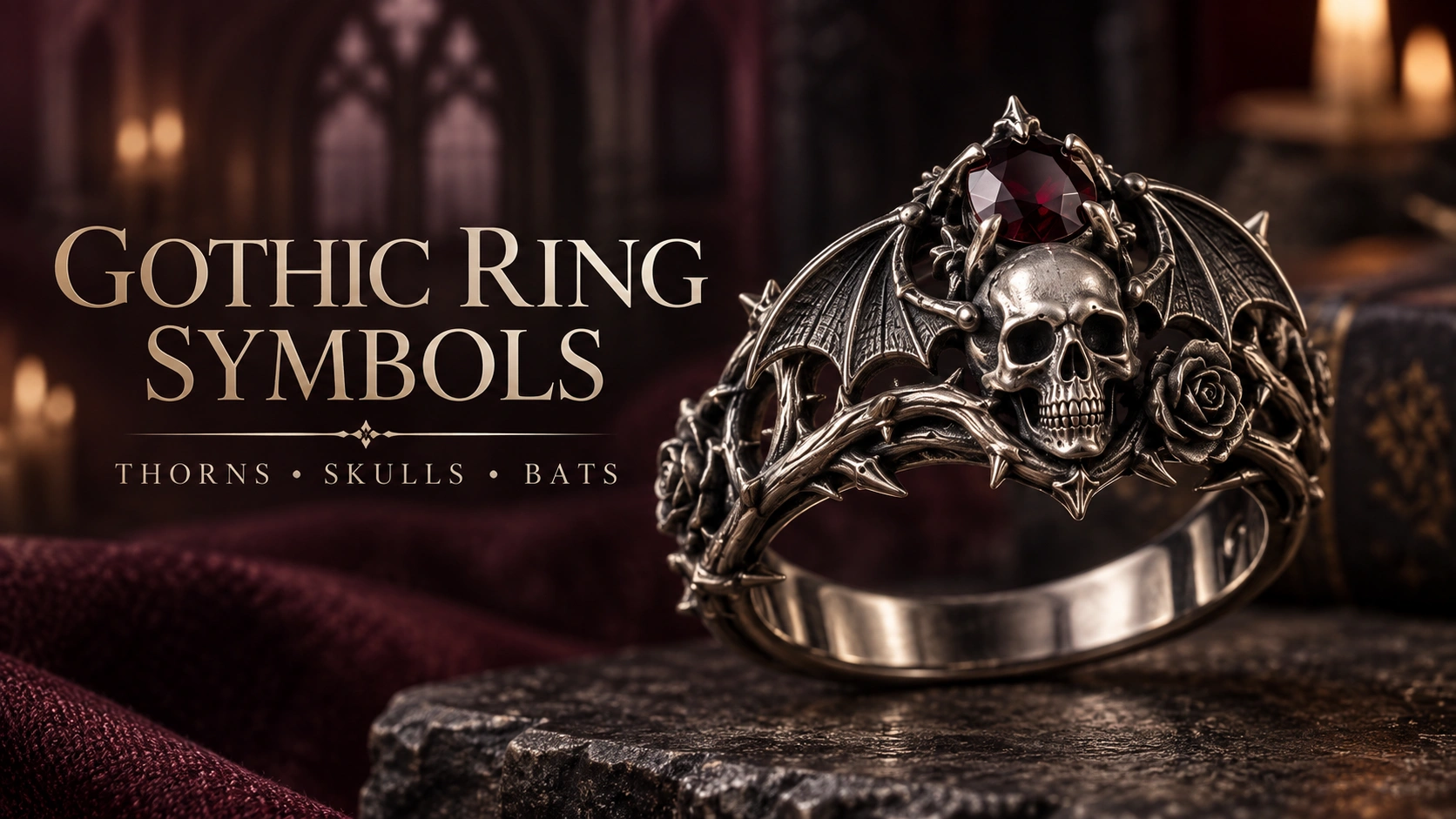 Gothic ring featuring thorn, skull and bat symbols in dark silver