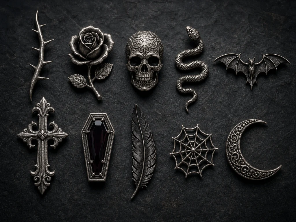 Gothic jewelry motifs including skull, thorn, rose, serpent and moon