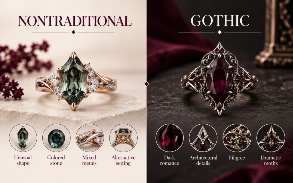 Comparison of gothic and nontraditional engagement ring styles