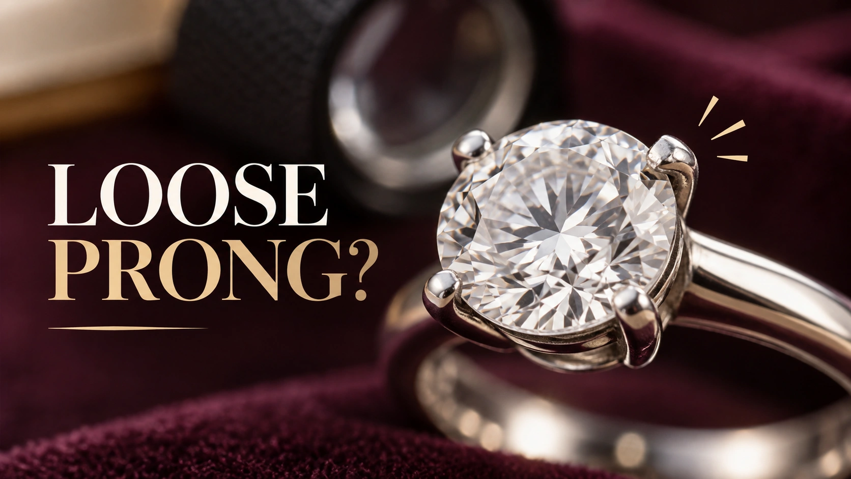 Close-up of a diamond ring with a loose prong showing a small gap near the stone