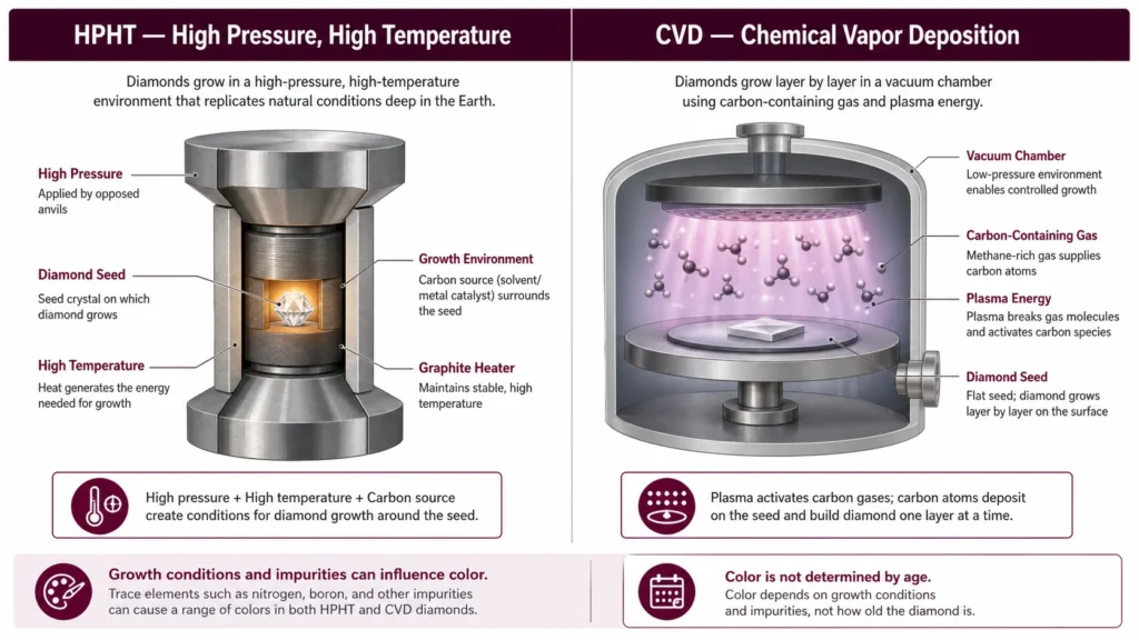 HPHT and CVD lab-grown diamond growth methods and factors affecting color