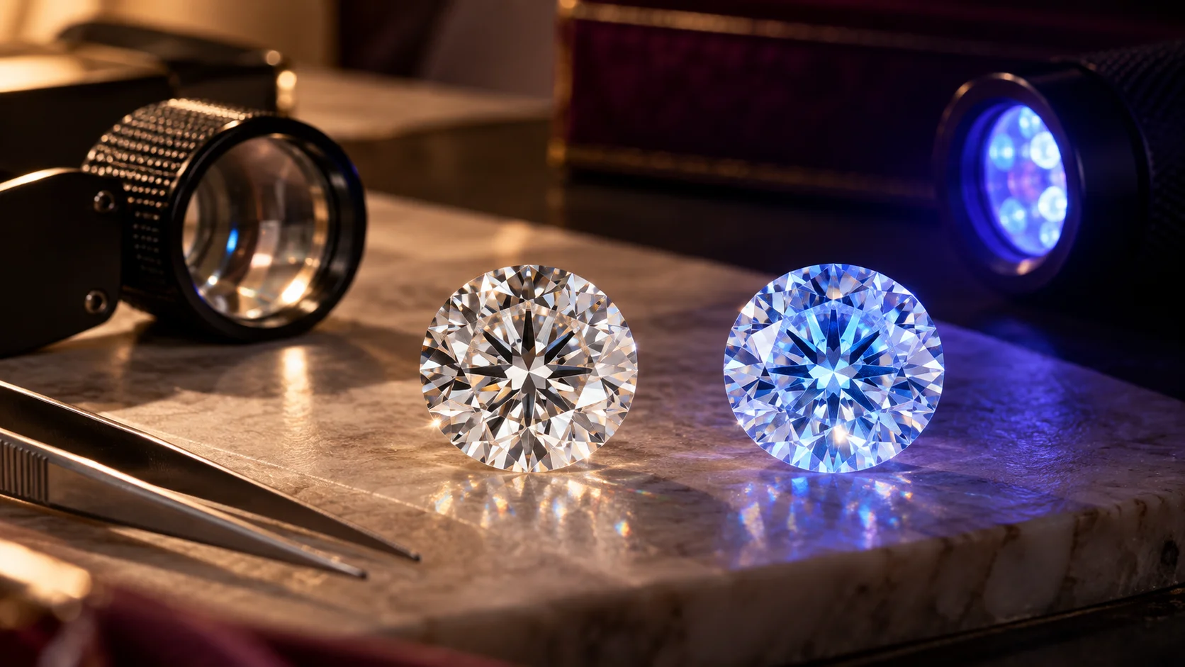 Round brilliant diamonds showing diamond fluorescence under ultraviolet light