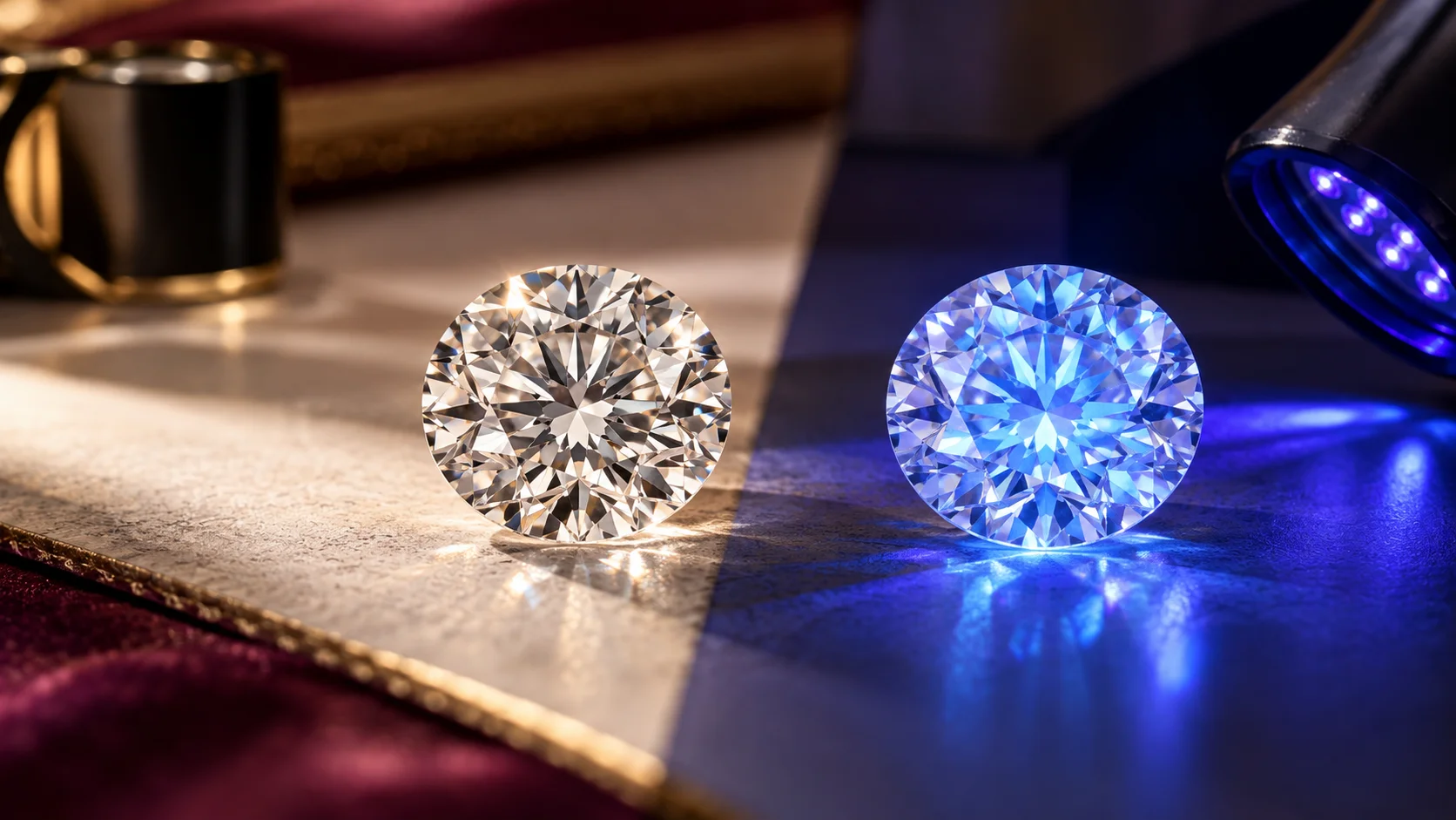 Diamond fluorescence under UV light showing blue fluorescence