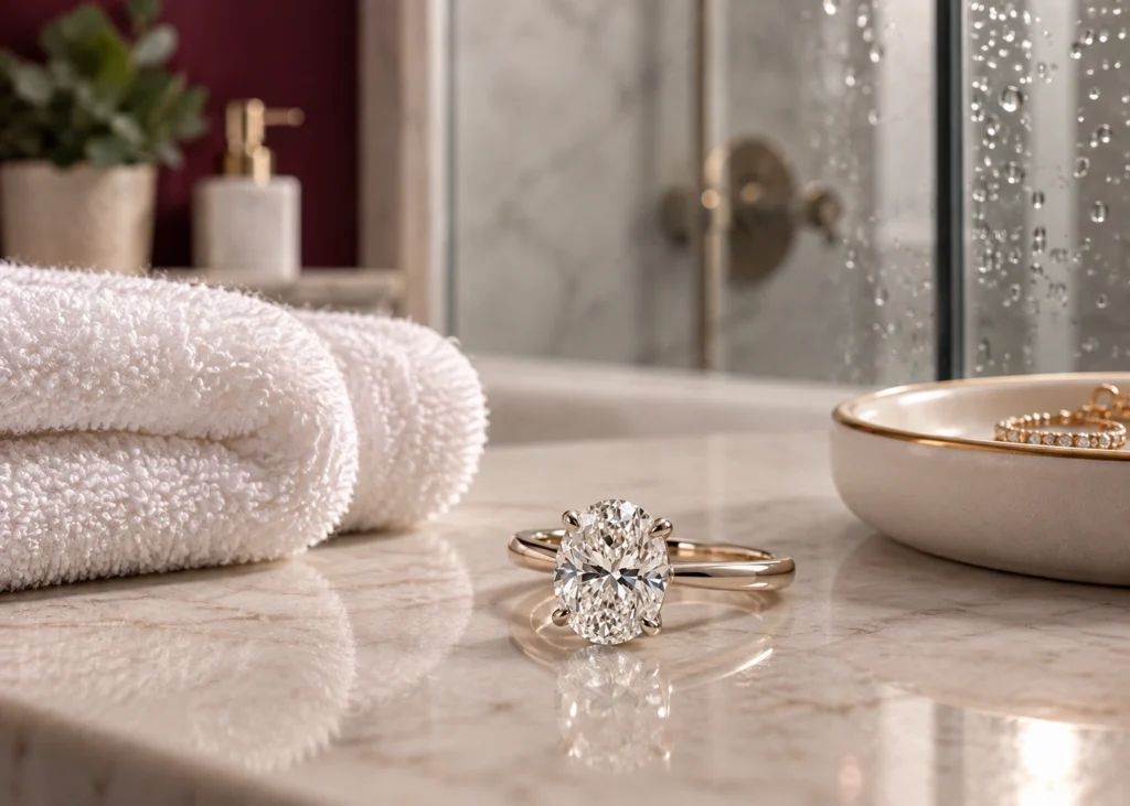 Lab-grown diamond engagement ring in a bathroom setting