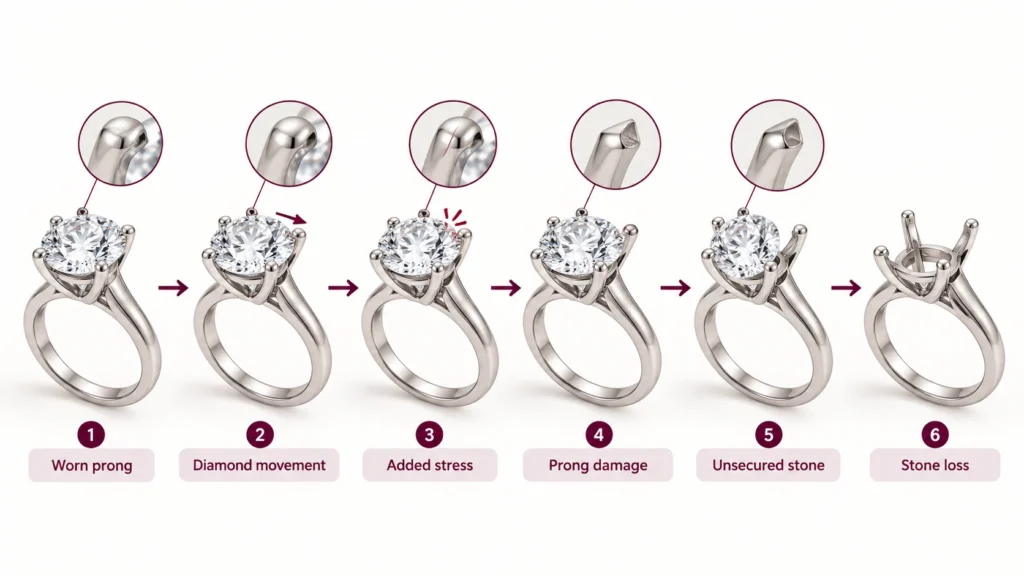 Diagram showing how a loose prong can lead to diamond movement and stone loss