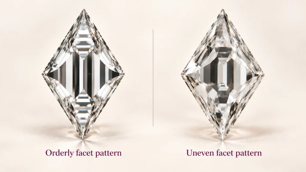 Lozenge diamond facet pattern showing balanced and uneven reflections