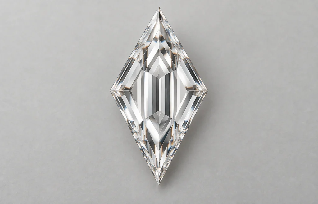 Face-up lozenge cut diamond showing elongated geometric outline and step facets