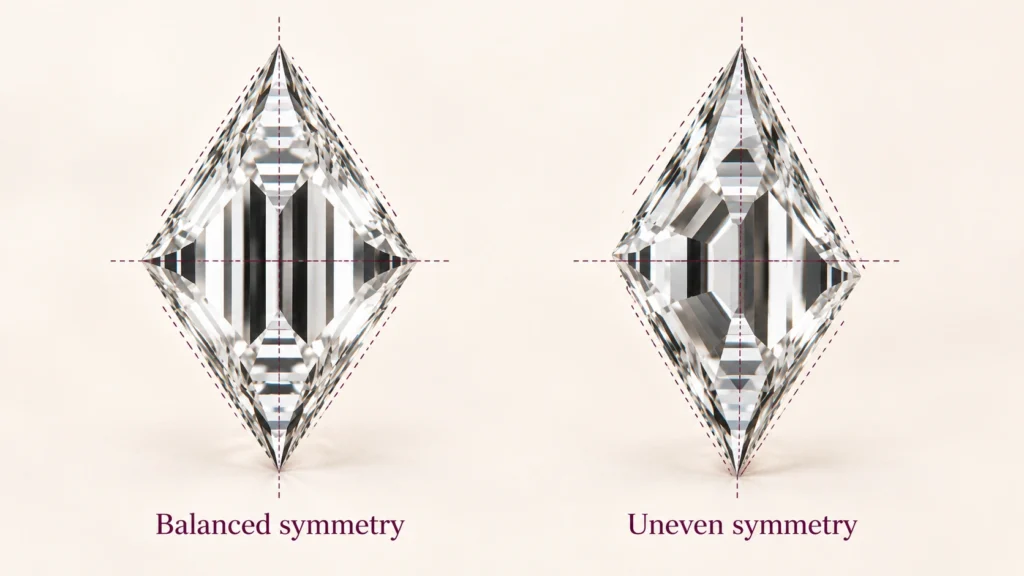 Good versus poor symmetry in lozenge cut diamonds