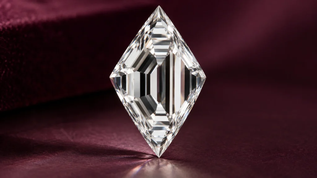 Lozenge step-cut diamond showing broad mirror-like light reflections