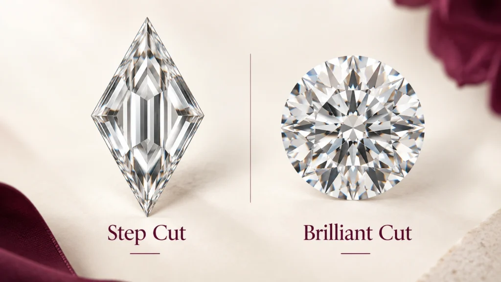 Step cut versus brilliant cut diamond facet pattern comparison