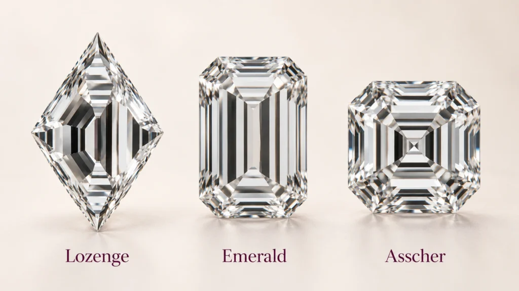 Lozenge emerald and Asscher diamond shape comparison
