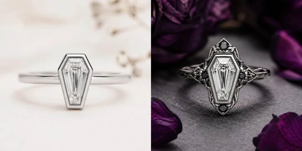 Minimalist and gothic coffin engagement ring designs compared side by side