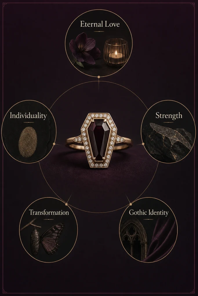 Modern coffin ring symbolism including eternal love, individuality, resilience, transformation, and gothic identity