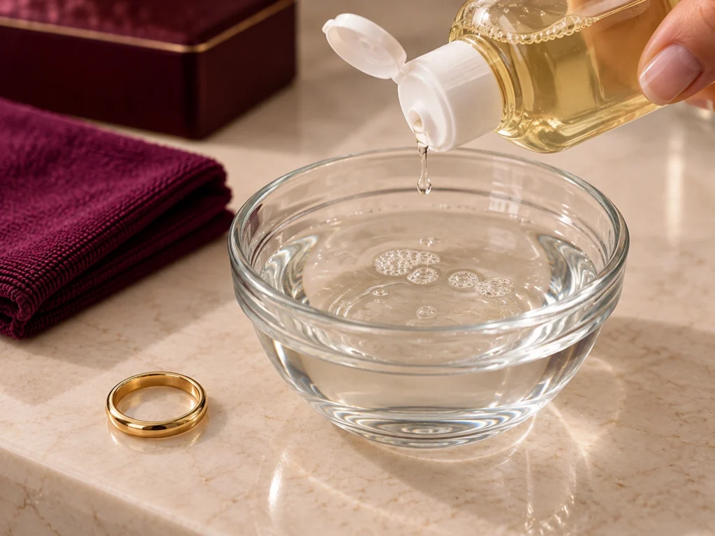Preparing mild soap and lukewarm water to clean a gold ring
