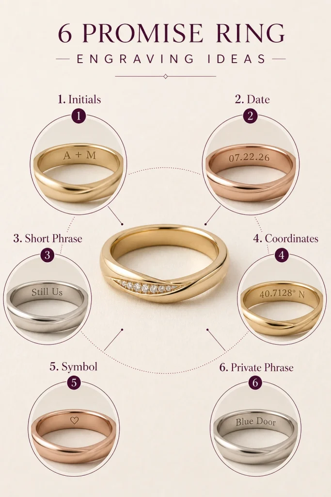 Promise ring engraving ideas including initials, dates, phrases, coordinates and symbols