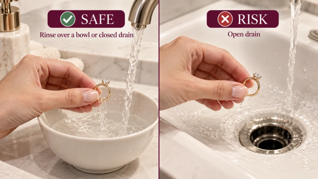 Safe way to rinse a gold ring over a bowl or closed drain