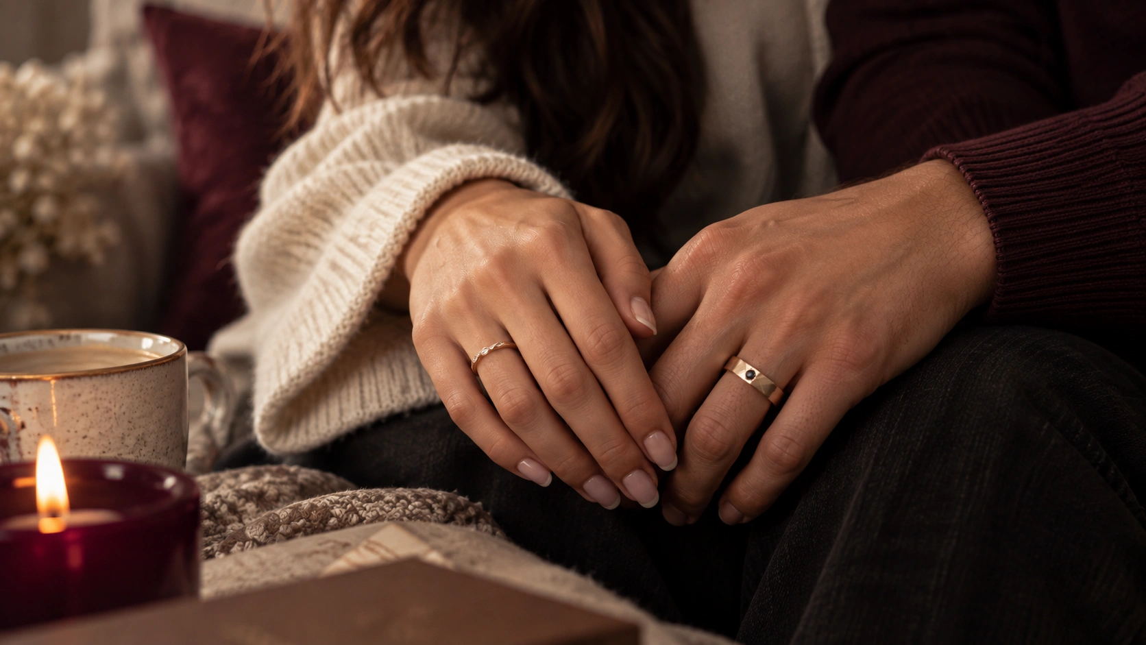 Two partners wearing complementary promise rings