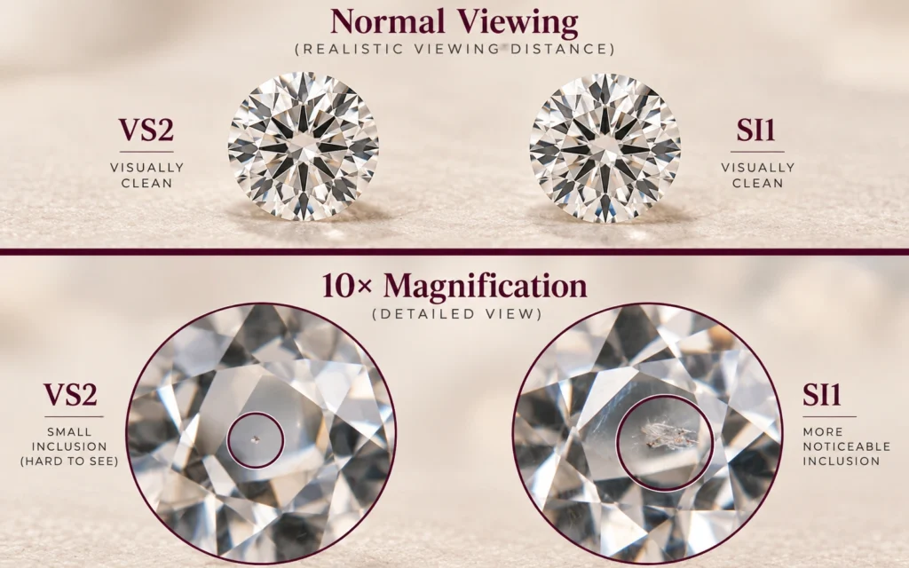SI1 vs VS2 diamond appearance at normal viewing and 10× magnification