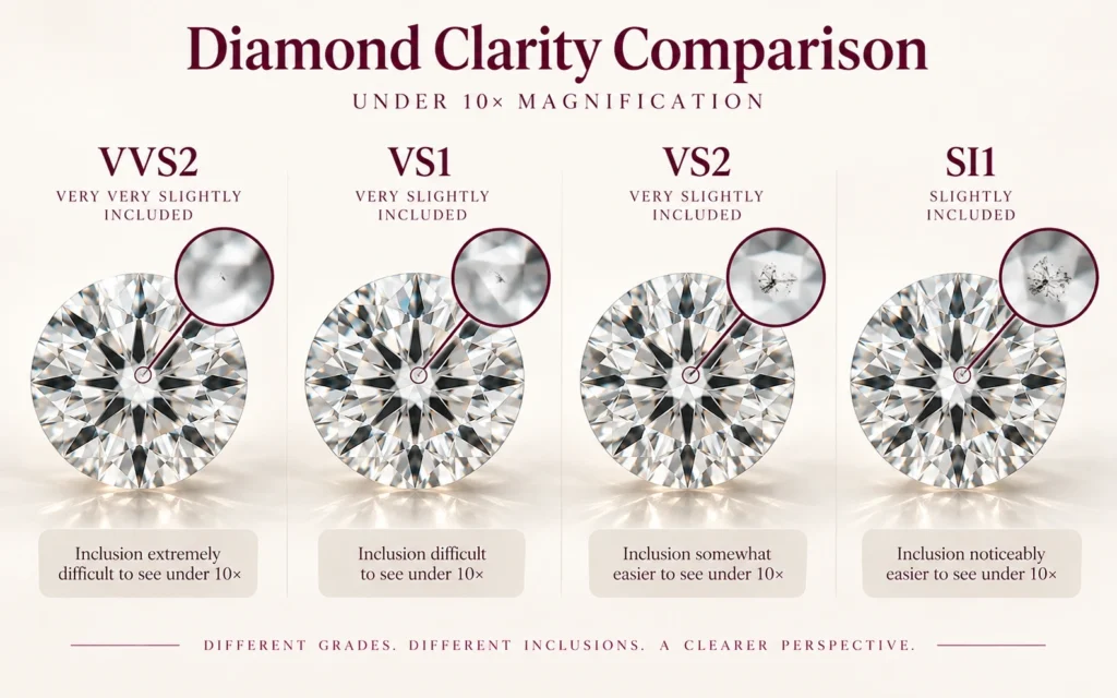 VVS2 VS1 VS2 and SI1 diamond clarity comparison