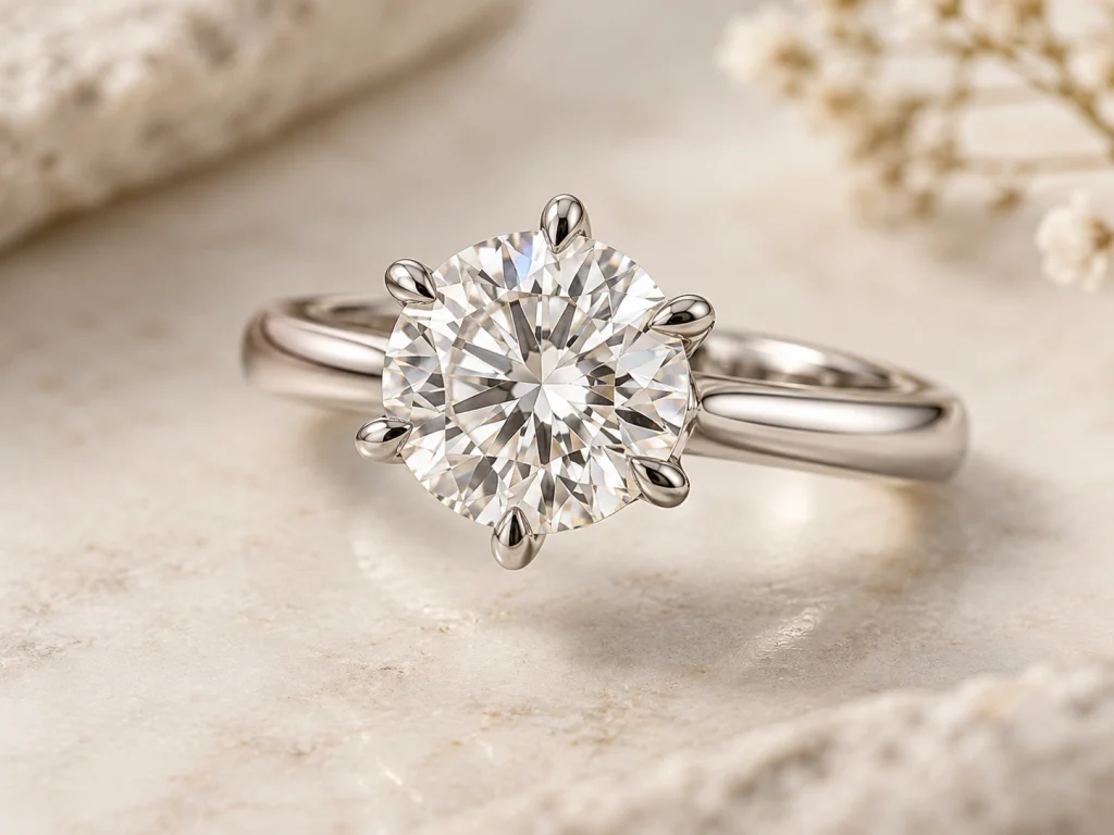 Round diamond engagement ring with individual single claw prongs