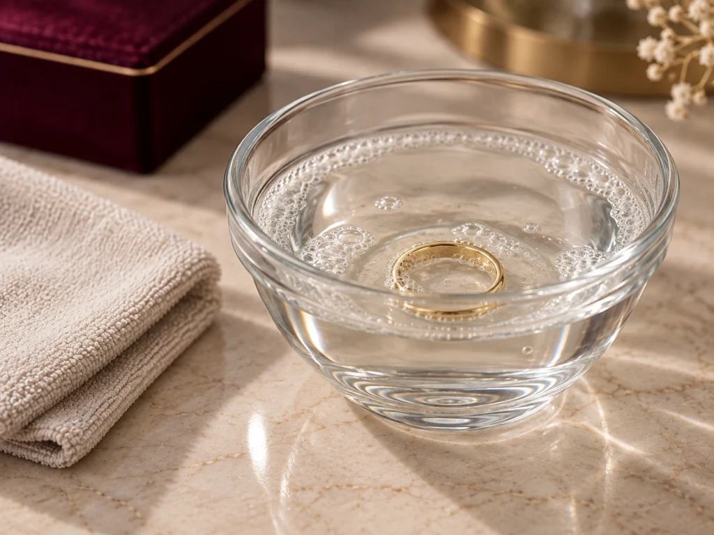 Gold ring soaking in lukewarm soapy water before brushing