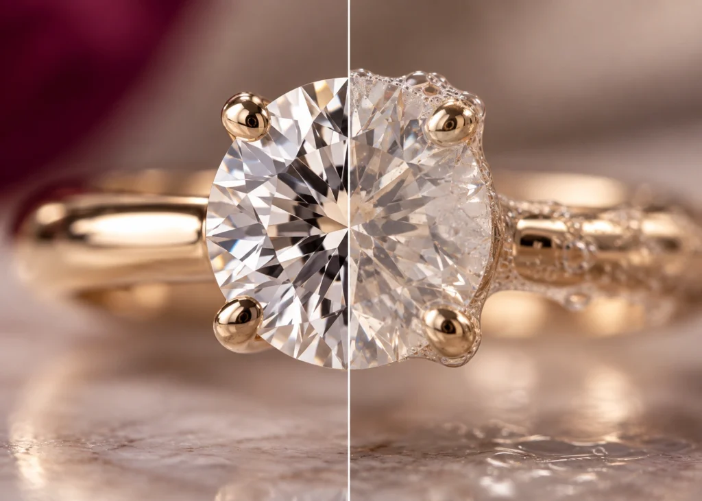 Soap residue coating a diamond engagement ring